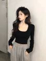 Simple White Shoulder U Collar Threaded Long Sleeve T T-shirt Women's Outer Wear Inner Wear Hot Girl Top Short All-Match Bottoming Shirt.