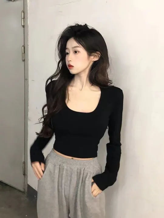 Simple%20White%20Shoulder%20U%20Collar%20Threaded%20Long%20Sleeve%20T%20T-shirt%20Women's%20Outer%20Wear%20Inner%20Wear%20Hot%20Girl%20Top%20Short%20All-Match%20Bottoming%20Shirt%20-%20Image%202