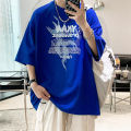 Elegantstunning Men Summer T-shirt Hong Kong Style Oversized Letter Printing Short Sleeve Round Neck Basic Shirts.