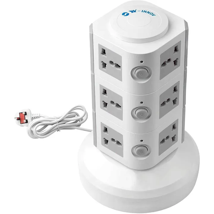 Universal Vertical Multi Socket 220V Electrical Tower Extension Outlet with USB Ports 3M Cord and UK-Plug Power Strip Multi Charging Station (3 Layers Multi Plug With USB Port, Gray)