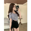 Black and White Stripes T T-shirt Women's Summer Short-Sleeved Sweater Korean-Style Slim-Fit Hot Girl off-the-Navel Shoulder Design Short Top. 