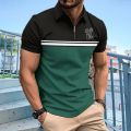 Men's polo shirt with collar and zipper, street casual T-shirt, striped color, new.