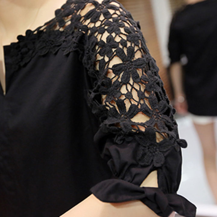 2023%20Summer%20New%20off-the-Shoulder%20Shirt%20Large%20Size%20Women's%20Loose%20Korean%20Style%20Hollow%20Top%20Shirt%20Lace%20Bottoming%20Shirt%20-%20Image%202