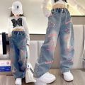 New 2024 Spring Teenagen Girls Jeans Stars Love Towel Embroidered wide Leg Long pants Baggy Denim Trousers for 4-13yrs Kids Girl. 