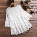 Sunnyheart Summer Shirt V-Neck Sweet Flower Decoration Hollow Lace Patchwork Blouse. 