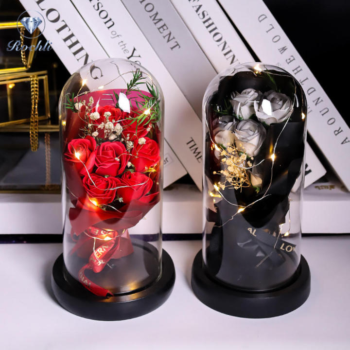 Plastics Everlasting Rose Unique Led Glass Dome Bouquet Romantic Illuminated Ornament for Birthday