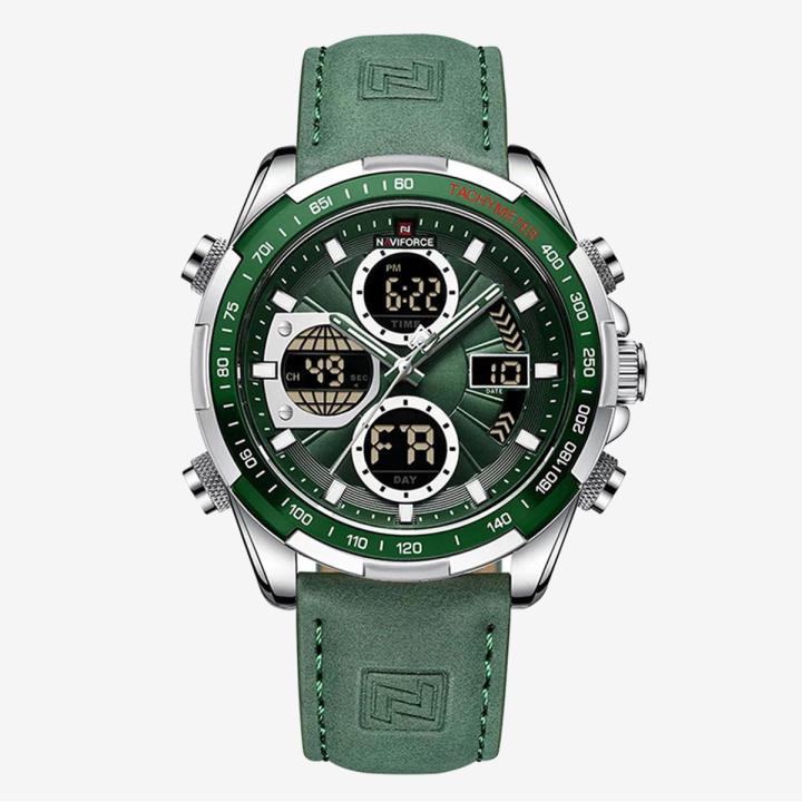 Naviforce 9197 Dual Time Military Wristband Watch for Men Silver Green