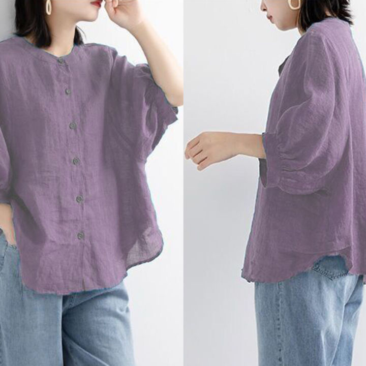 Woman's%20Summer%20Lantern%20Sleeve%20Tops%20For%20Girls%20Students%20Solid%20Color%20Cotton%20Linen%20Blouse%20Round%20Neck%20Pullover%20Shirt%20-%20Image%202