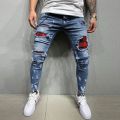 Men Jeans Knee Hole Ripped Stretch Skinny Denim Pants Beggar Patches Black Blue Spring Autumn Hip-Hop Style Slim Fit Trousers.