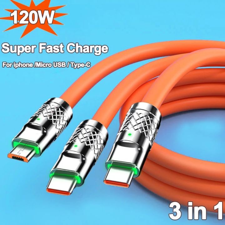 120W 3 In 1 Fast Charging Cable Micro USB/Type-c Multiple USB Port Mobile Phone Charging Cables For Xiaomi Samsung iPhone 14 13