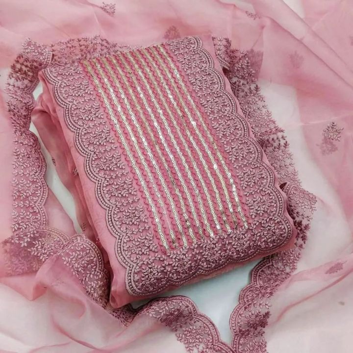 Indian Unstitched Organza Tissue Shalwar Kameez 4 Piece Party Dress for Women Embroidered