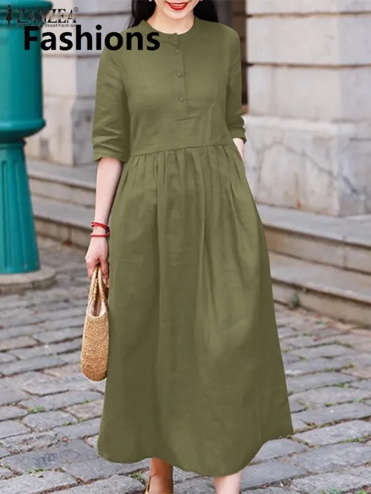 Fashions%20%E3%80%902025%20Version%E3%80%91%20ZANZEA%20Elegant%20Women%20OL%20Work%20Midi%20Dress%20Half%20Sleeve%20Sundress%20Solid%20Pleated%20A-line%20Vestidos%20O%20Neck%20Casual%20Buttons%20Up%20Robe%20-%20Image%203
