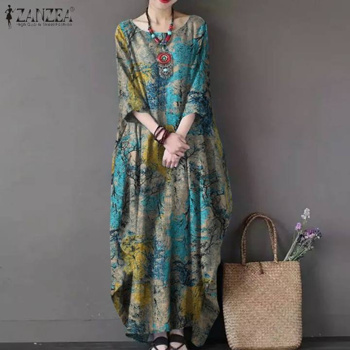 Vintage Women Sundress ZANZEA Casual Long Sleeve Printed Maxi Long Dress Kaftan Female Baggy Floral Vestidos Dresses House Foocus