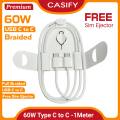 CASIFY CC02 60W 5A Type C To Type C Cable 60W Type C To Type C Braided Fast Charging Data Cable 60W Braided USB C To USB C Data Cable Support 5A White 1M.