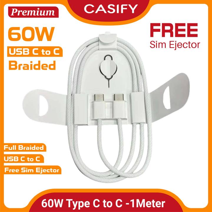 CASIFY CC02 60W 5A Type C To Type C Cable 60W Type C To Type C Braided Fast Charging Data Cable 60W Braided USB C To USB C Data Cable Support 5A White 1M