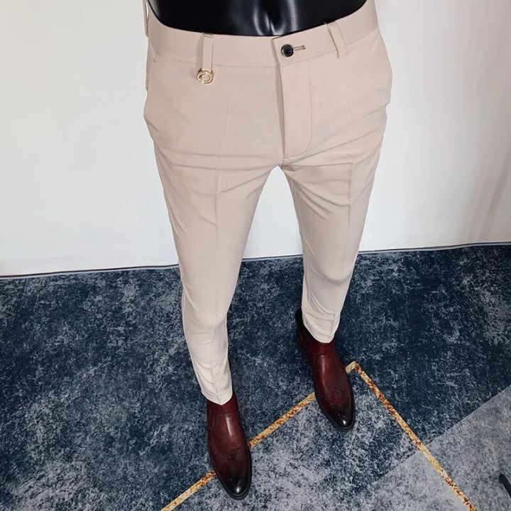 Mens Khaki Formal Suit Pants High Quality Solid Color Business Fashion  Casual Slim Fit Ankle Trouser Mens Clothing Dress Pants