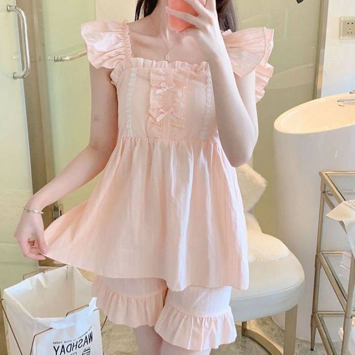 Women's%20Sling%20Pajamas%20Summer%20Woven%20Cotton2023New%20Sweet%20Women's%20Sweet%20Dried%20Shrimp%20Powder%20Two-Piece%20Suit%20Summer%20-%20Image%209