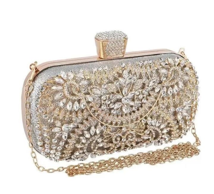 Diamond Luxury Evening Clutch for Women Wedding Golden Purse Chain Shoulder Bag Small Hollow Out Flowers Crystal Party Handbag