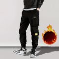 Multi pocket cargo pants, men's casual technology clothing drawstring cargo pants, autumn and winter plush pants. 