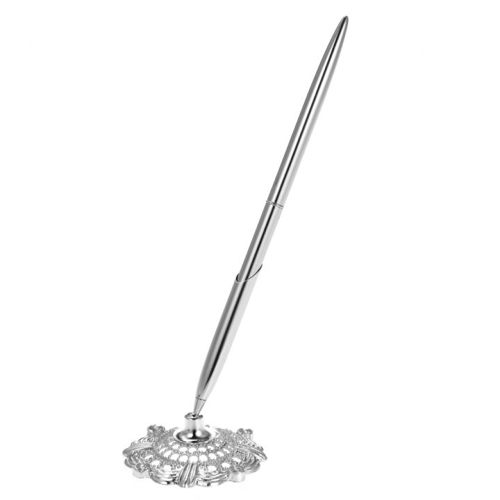 【Aesth Diary Store】Silver Alloy Wedding Guest Pen & Hollow Round Pen Holder Set for Engagement Shower--Silver