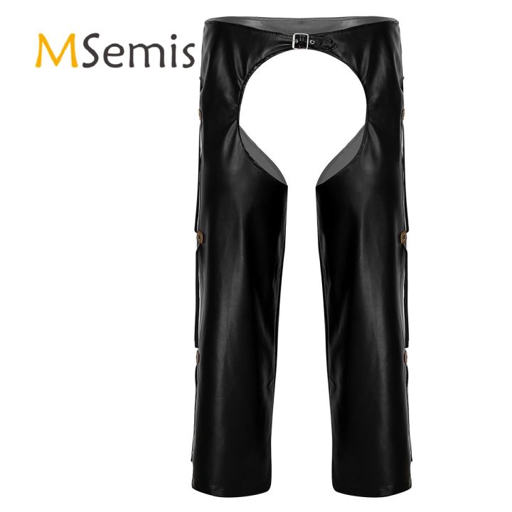Mens Lingerie Open Crotch Pants West Cowboy Costume Faux Leather Crotchless Chaps with Fringed Details Buckled Loose Long Pants