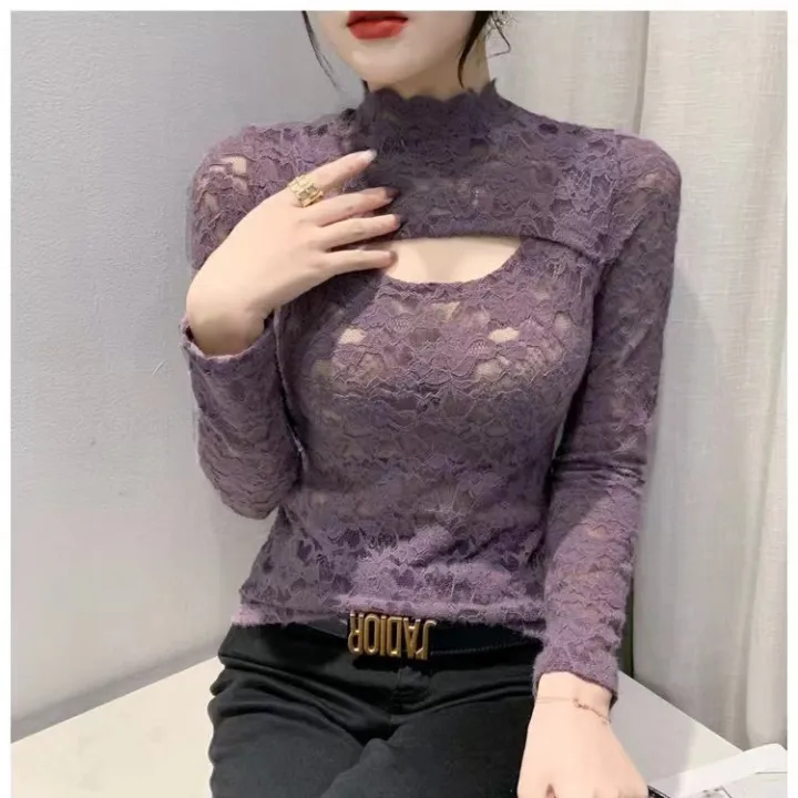 New%20Fashion%20Long%20Sleeve%20Lace%20Personality%20Hollow-out%20Slim%20Fit%20Slimming%20Versatile%20Half-High%20Collar%20Bottoming%20Shirt%20Women's%20Fashion%20-%20Image%203