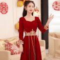 Chinese Toast Gown Winter Bride2023New Red Simple Style Xiuhe Engagement Dress Women. 