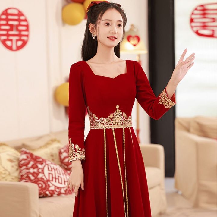 Chinese%20Toast%20Gown%20Winter%20Bride2023New%20Red%20Simple%20Style%20Xiuhe%20Engagement%20Dress%20Women%20-%20Image%205