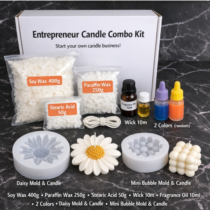Entrepreneur Candle combo Kit | Soy + Paraffin Wax Blend | Daisy & Butterfly Molds | Start Candle Business from Home