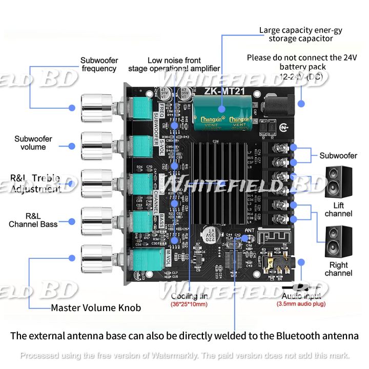Bluetooth%205.0%20ZK-MT21%20Power%20Amplifier%20Board%20with%20Subwoofer%202.1%20Channel%2050W%C3%972+100W,%2012V-24V%20Audio%20Power%20Amplifier%20Module%20with%20Treble%20and%20Bass%20Control%20for%20DIY%20Bluetooth%20Audio%20and%20Store%20Home%20Theater%20-%20Image%206