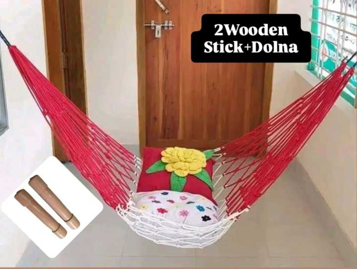 Two Pieces of Wooden Stick Hand Made Dulna Rope bed Hanging Dulna Use For Large Swing Rope bed Rattan Dulna - Camping Hammock with ( Dulna + 2 Wooden Sticks )