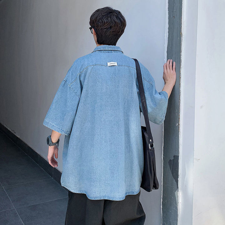 Summer%20Brand%20Denim%20Shirt%20Men%20Short%20Sleeve%20Cargo%20Shirt%20Coat%20Loose%20University%20Handsome%20Top%20Clothes%202023%20Cowboy%20Oversize%20-%20Image%203