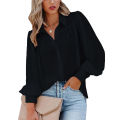 Women's Clothing Lantern Sleeve Pleated Solid Standing Collar Loose Shirt Long-Sleeved For Women Top. 