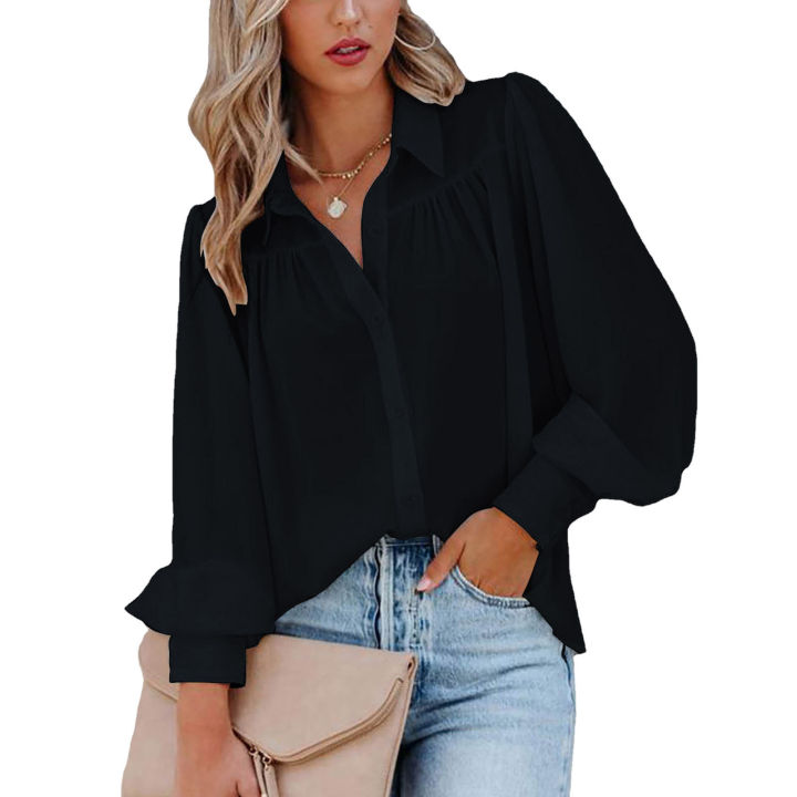 Women's%20Clothing%20Lantern%20Sleeve%20Pleated%20Solid%20Standing%20Collar%20Loose%20Shirt%20Long-Sleeved%20For%20Women%20Top%20-%20Image%208