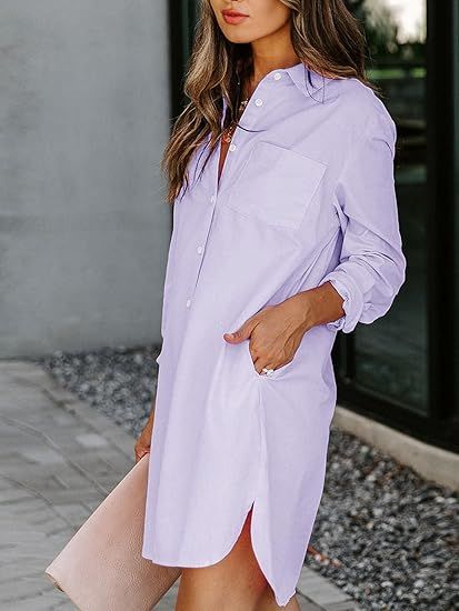Womens Button Down Shirt Dresses with Pockets Cotton Button Up Tunics Long Sleeve Solid High Low Blouse Tops For Summer 2025.