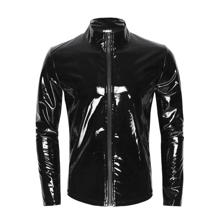 Thoshine Brand Spring Summer Men Patent Leather Jackets Thin Shiny Male Fashion PVC Faux Leather Shirts Shaping Glossy Plus Size