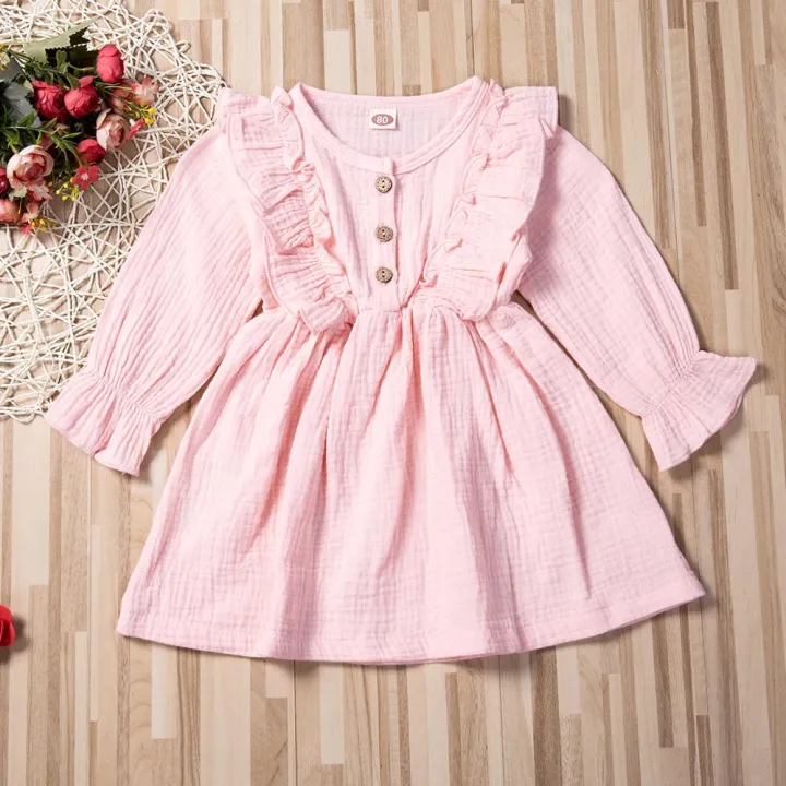 Baby%20Girls%20Solid%20Cotton%20Crepe%20Dress%20Soft%20Fabric%20Long%20Sleeve%20Ruffle%20Party%20Casual%20Toddler%20Outfit%20Comfortable%20Kids%20Clothing%20-%20Image%205