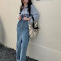 Shirt Stitching Denim Jumpsuit Women's High Waist Loose Drooping Mop Trousers Niche Fried Street Wide Leg Straight Pants. 