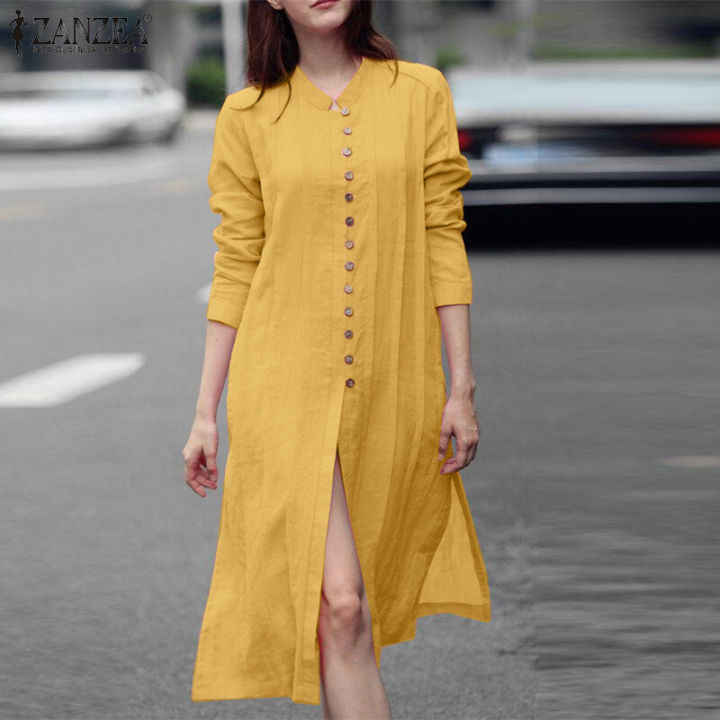 ZANZEA%20Women%20Fashion%20Round%20Neck%20Shirtdress%20Versatile%20Button%20Down%20Side%20Split%20Dresses%20#15%20-%20Image%209