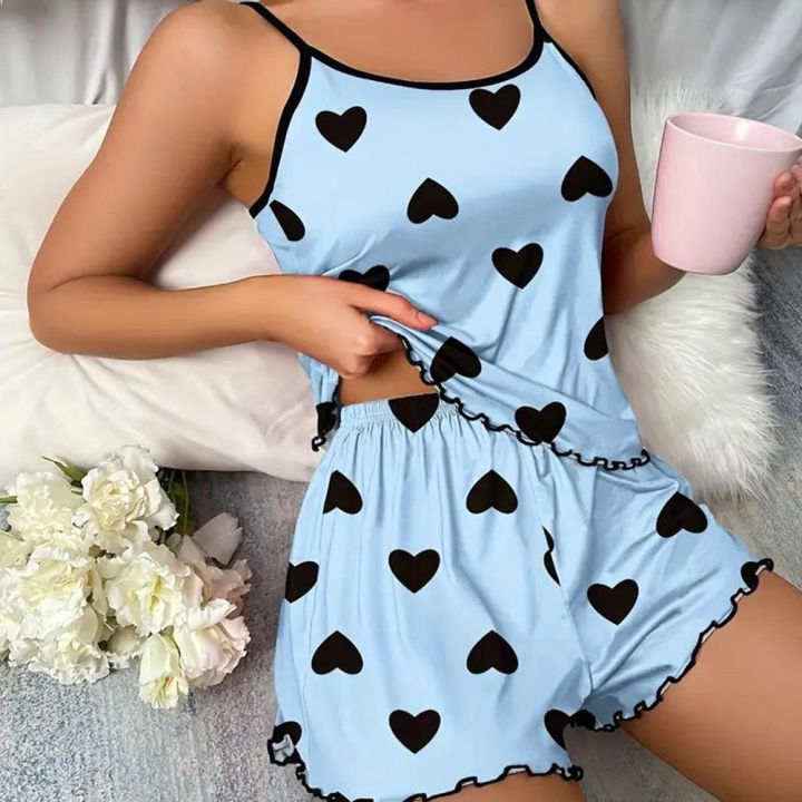 Two-Piece%20Heart%20Print%20Women's%20Pajamas%20Purple%20Blue%20Casual%20Homewear%20Comfortable%20Heart%20Print%20Pajama%20Sleepwear%20Set%20Heart%20Print%20Ice%20-%20Image%203