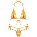 Womens Metallic Shiny Lacing Bikini Swimsuit Non-Padded Triangle Cup Bra Top with G-String Biquini Set.