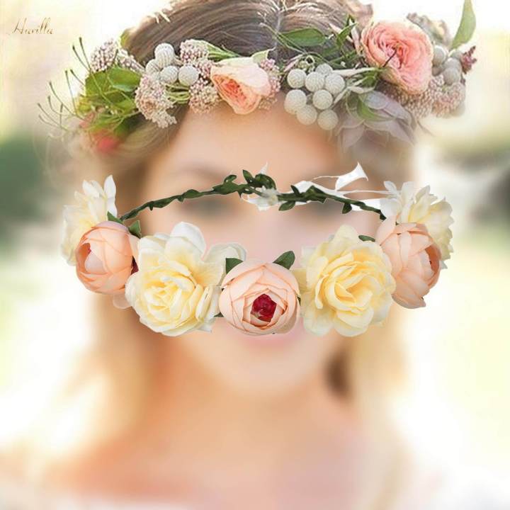Boho%20Flower%20Crown%20Floral%20Garland%20Headband%20Flower%20Headpiece%20with%20Ribbon%20Champagne%20-%20Image%207