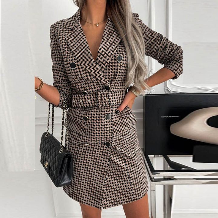 Office%20Lady%20Blazer%20Dress%20Women%20Notched%20Double%20Breasted%20Houndstooth%20print%20dress%20Elegant%20Autumn%20Long%20sleeve%20With%20Belt%20Dress%202XL%20-%20Image%204