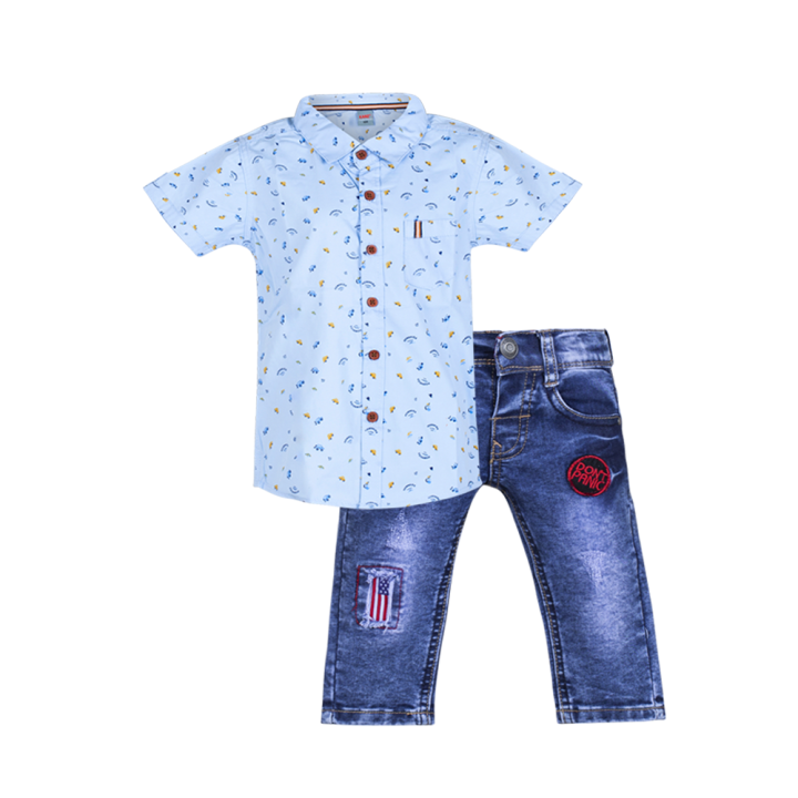 Baby Boys Cute Stylish Little Boat Printed Casual Shirt and Denim Elastic  Waist Jeans Full Pants (0 months to 24 months) for yours Kids Smile
