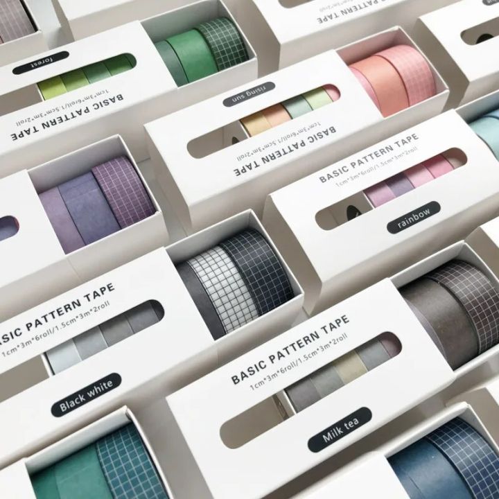 8 pcs/set Solid Color Basic Grid Lines Washi Tape Cute Masking Adhesive Tape Diy Scrapbooking Art Supplies Decor Stationery