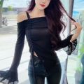 2023 autumn and winter new women's strap drawstring hot girl style solid color off-neck irregular outer wear women's T-shirt top.