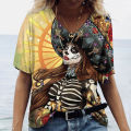 Women T shirt skull face vintage tops V neck casual cotton short sleeve pullovers summer female Harajuku punk streetwear tops.