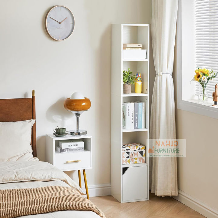 5%20Tier%20Tall%20Narrow%20Bookcase,%2060x12%20inch%20Modern%20Bookcase%20with%20Doors%20Storage,%20Cube%20Media%20Tower%20Rack,%20Cabinet,%20Floor%20Standing%20Display%20Storage%20Shelves%20for%20Small%20Spaces,%20for%20Home%20Office%20by%20Nahid%20Furniture%20-%20Image%202