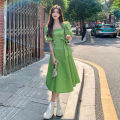 Bow Tie Square Collar Dress Women's Spring and Summer 2022 New Korean Style Avocado Green Waist Slimming A- line Dress. 