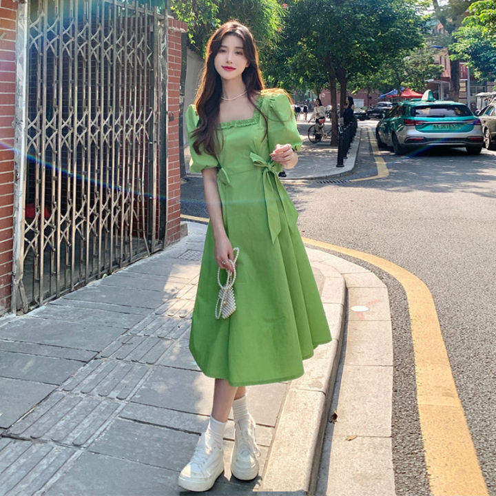 Bow%20Tie%20Square%20Collar%20Dress%20Women's%20Spring%20and%20Summer%202022%20New%20Korean%20Style%20Avocado%20Green%20Waist%20Slimming%20A-%20line%20Dress%20-%20Image%202